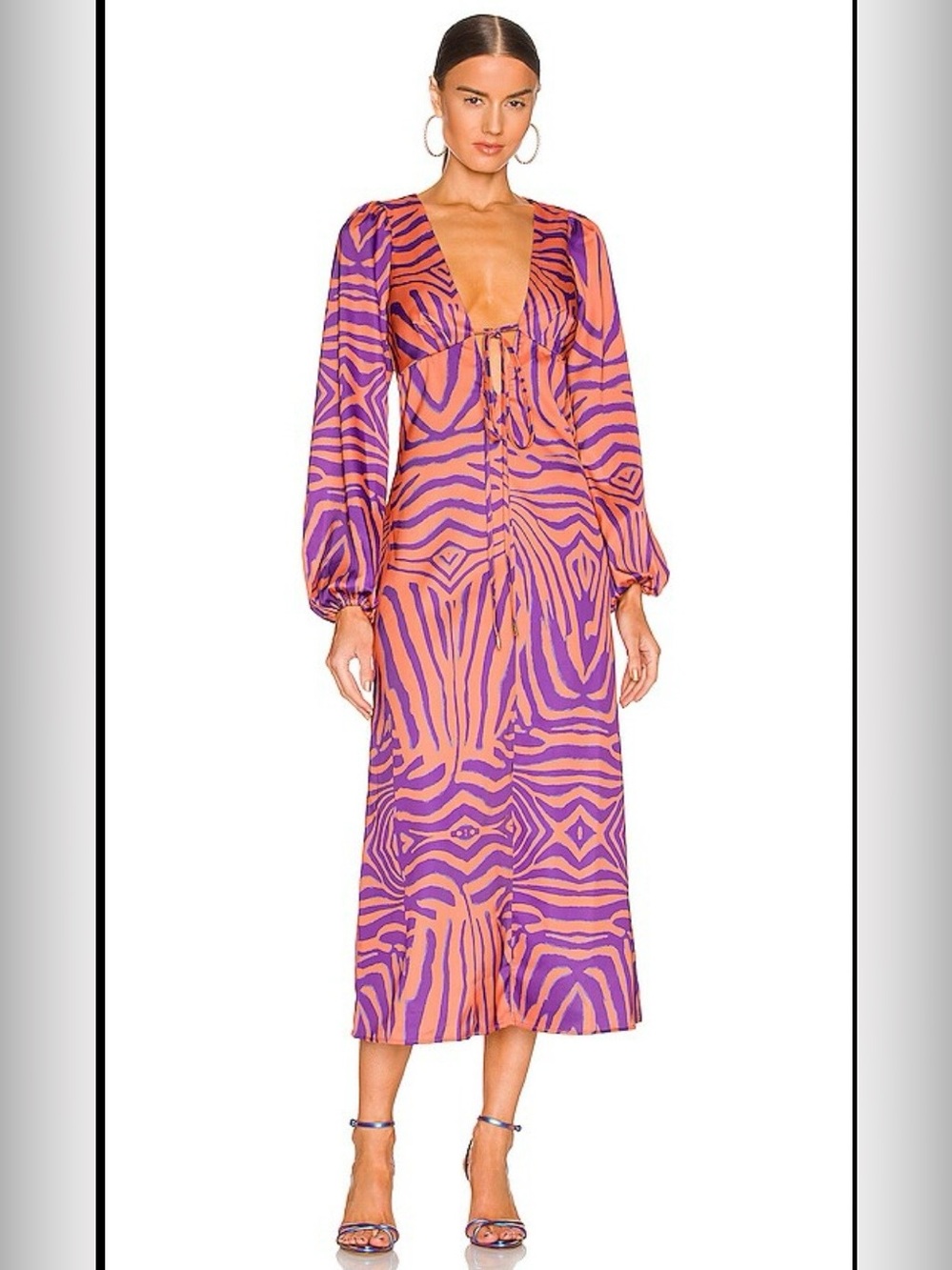 AFRM Purple and Orange Printed Midi Dress with Deep V